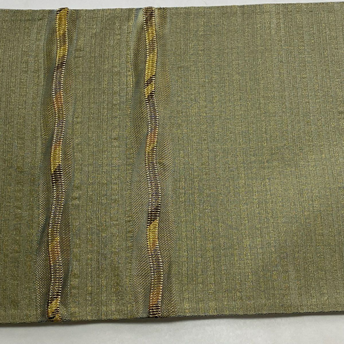 【美品】 袋帶 秀品級 縞 金絲 灰綠 お太鼓圖案 純蠶絲