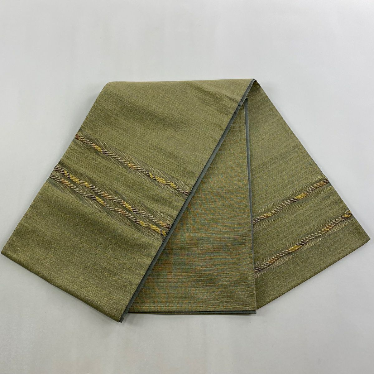 【美品】 袋帶 秀品級 縞 金絲 灰綠 お太鼓圖案 純蠶絲