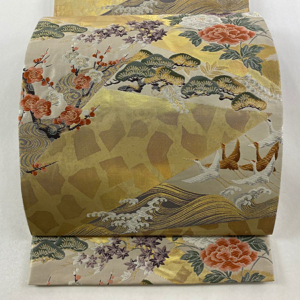 袋帶 秀品級 草花紋紋 仙鶴 刺繡 金銀彩 灰茶 六通 純蠶絲