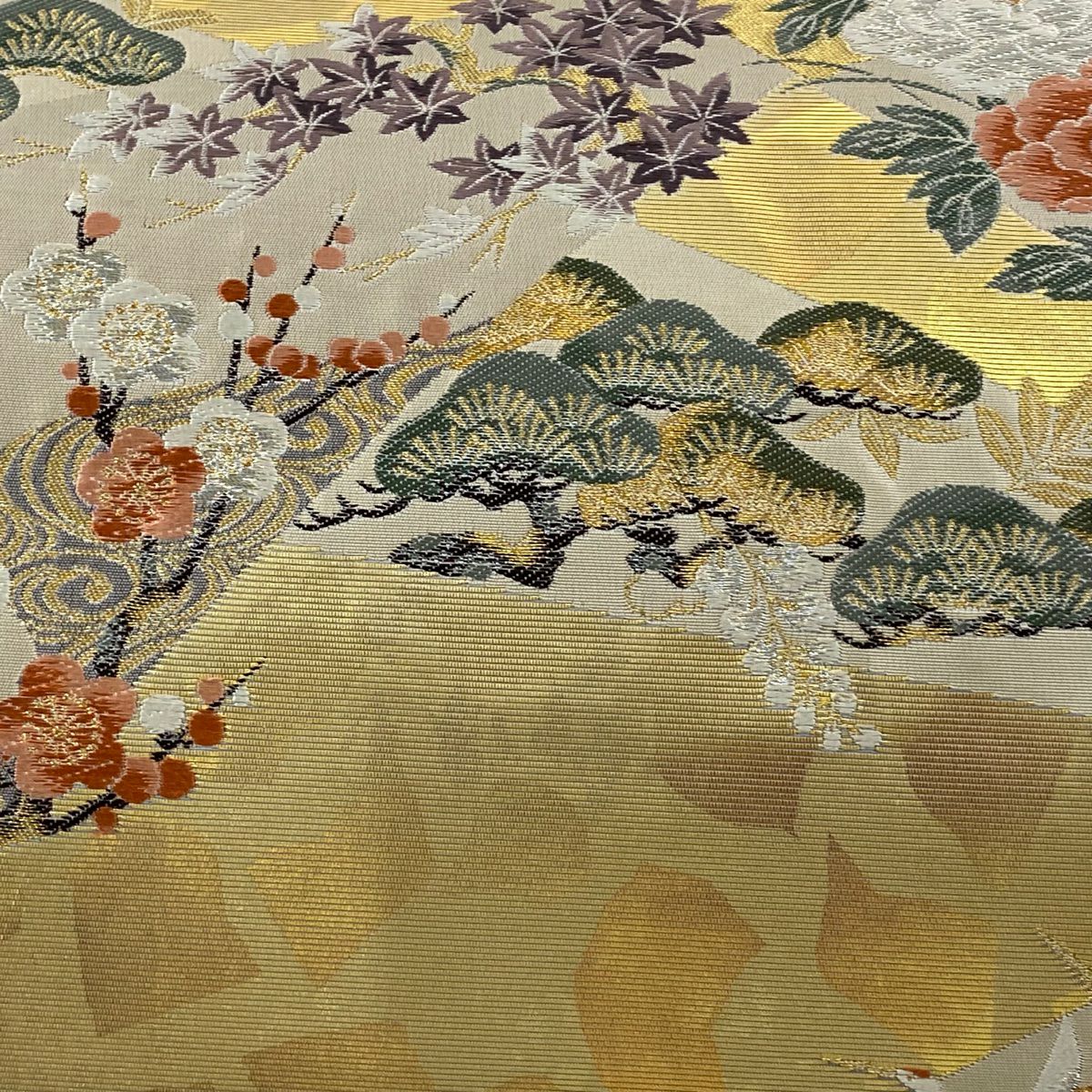 袋帶 秀品級 草花紋紋 仙鶴 刺繡 金銀彩 灰茶 六通 純蠶絲