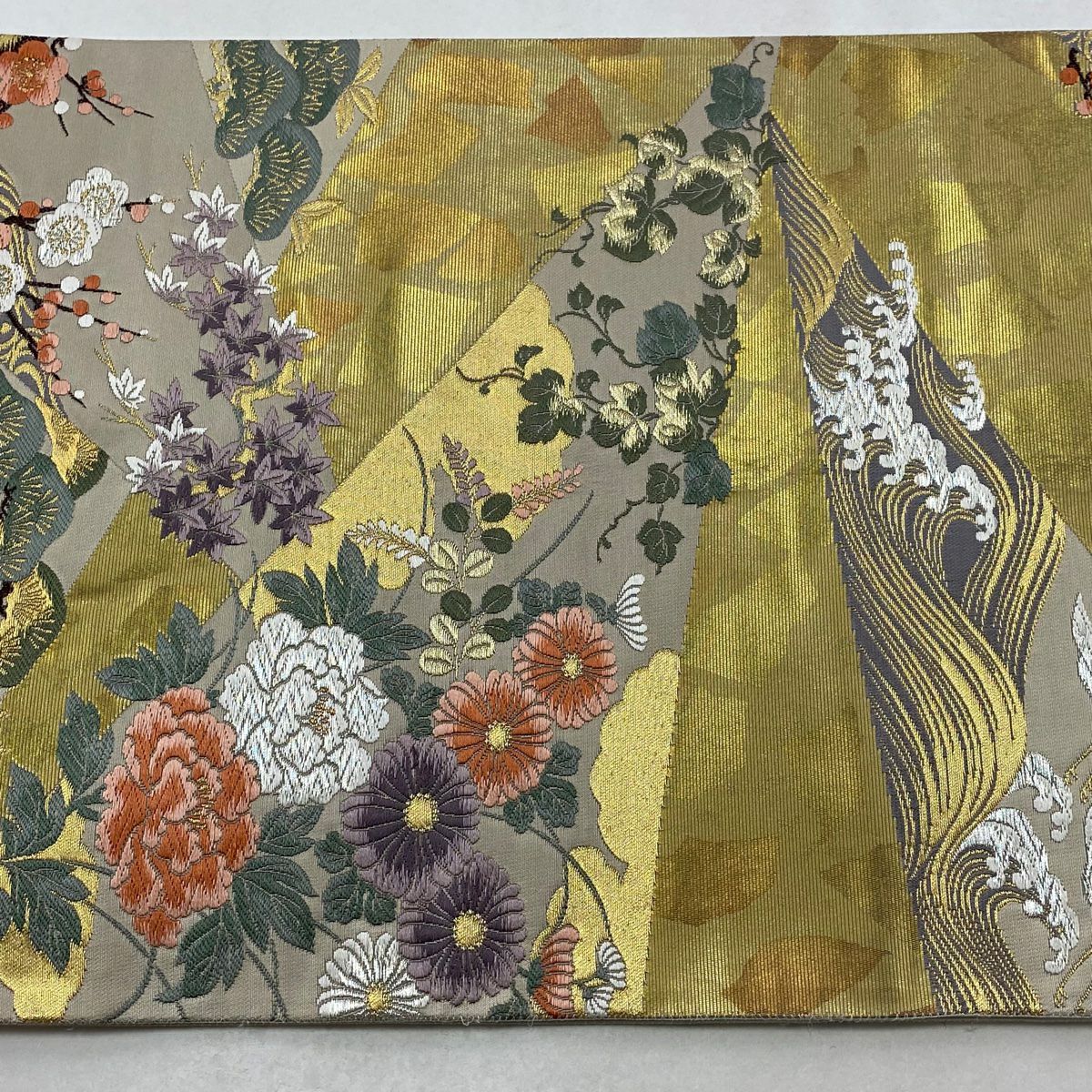 袋帶 秀品級 草花紋紋 仙鶴 刺繡 金銀彩 灰茶 六通 純蠶絲