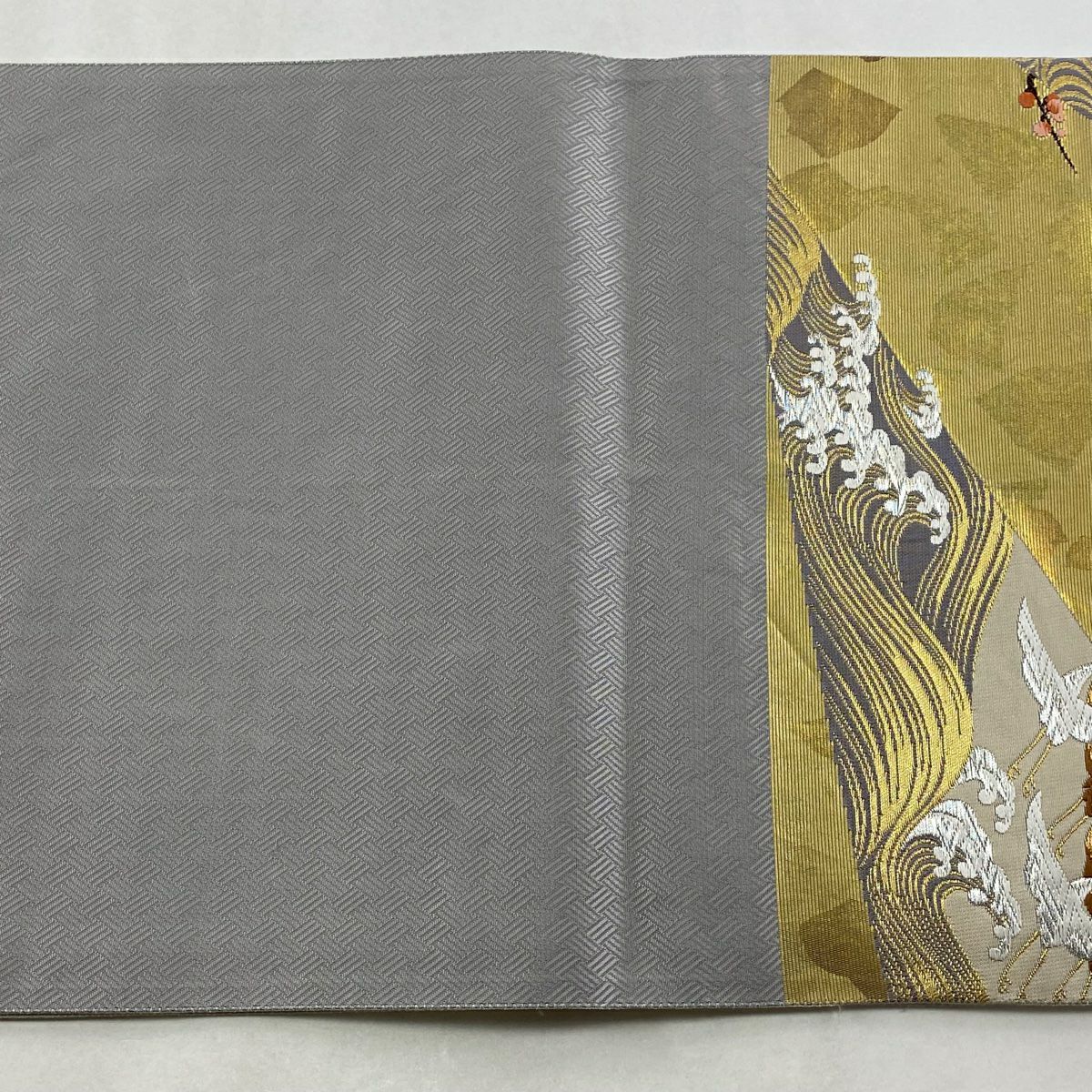 袋帶 秀品級 草花紋紋 仙鶴 刺繡 金銀彩 灰茶 六通 純蠶絲
