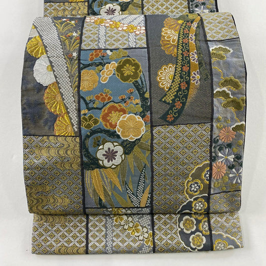 袋帶 秀品級 松樹竹子梅花 菱形 刺繡 金絲 灰色 六通 純蠶絲