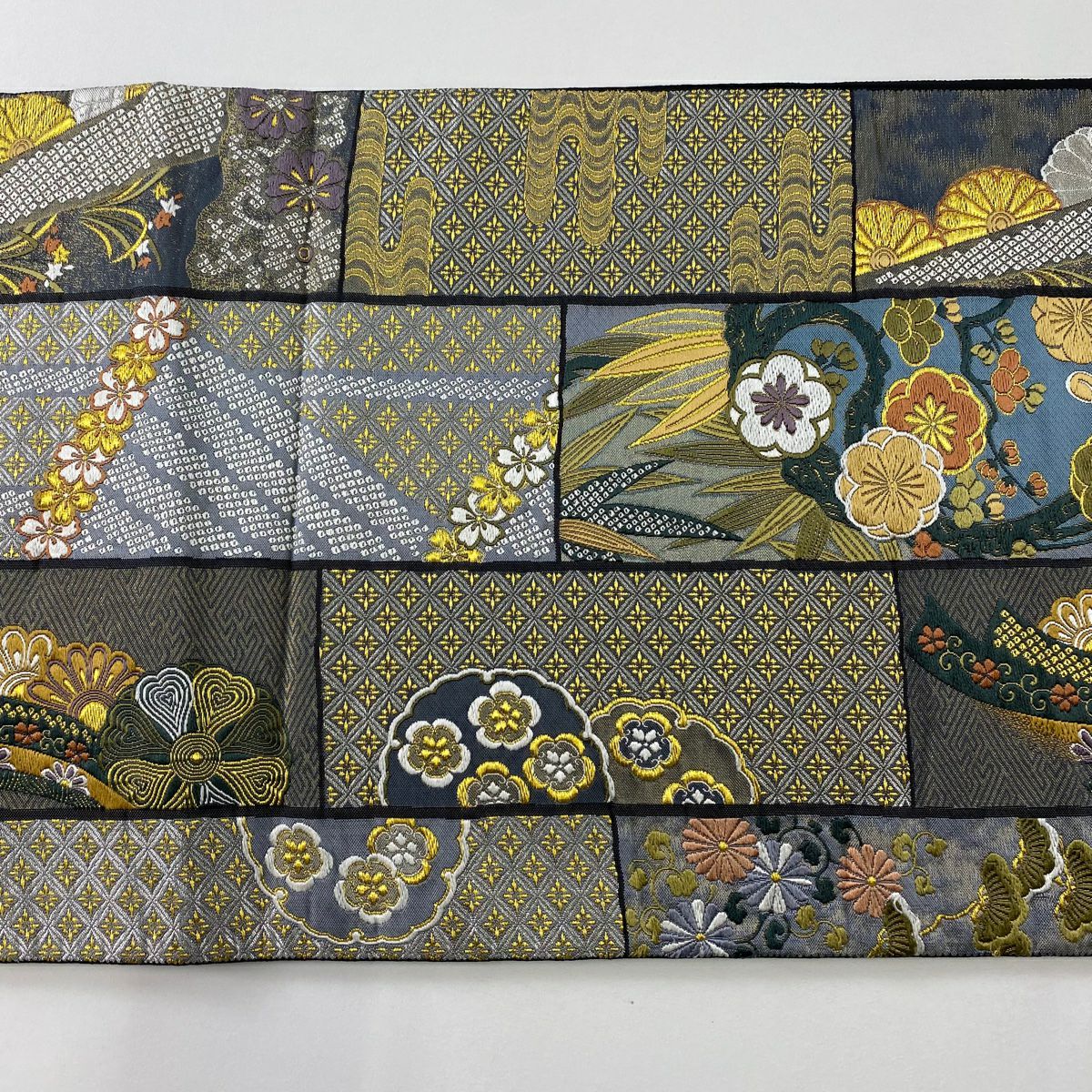 袋帶 秀品級 松樹竹子梅花 菱形 刺繡 金絲 灰色 六通 純蠶絲