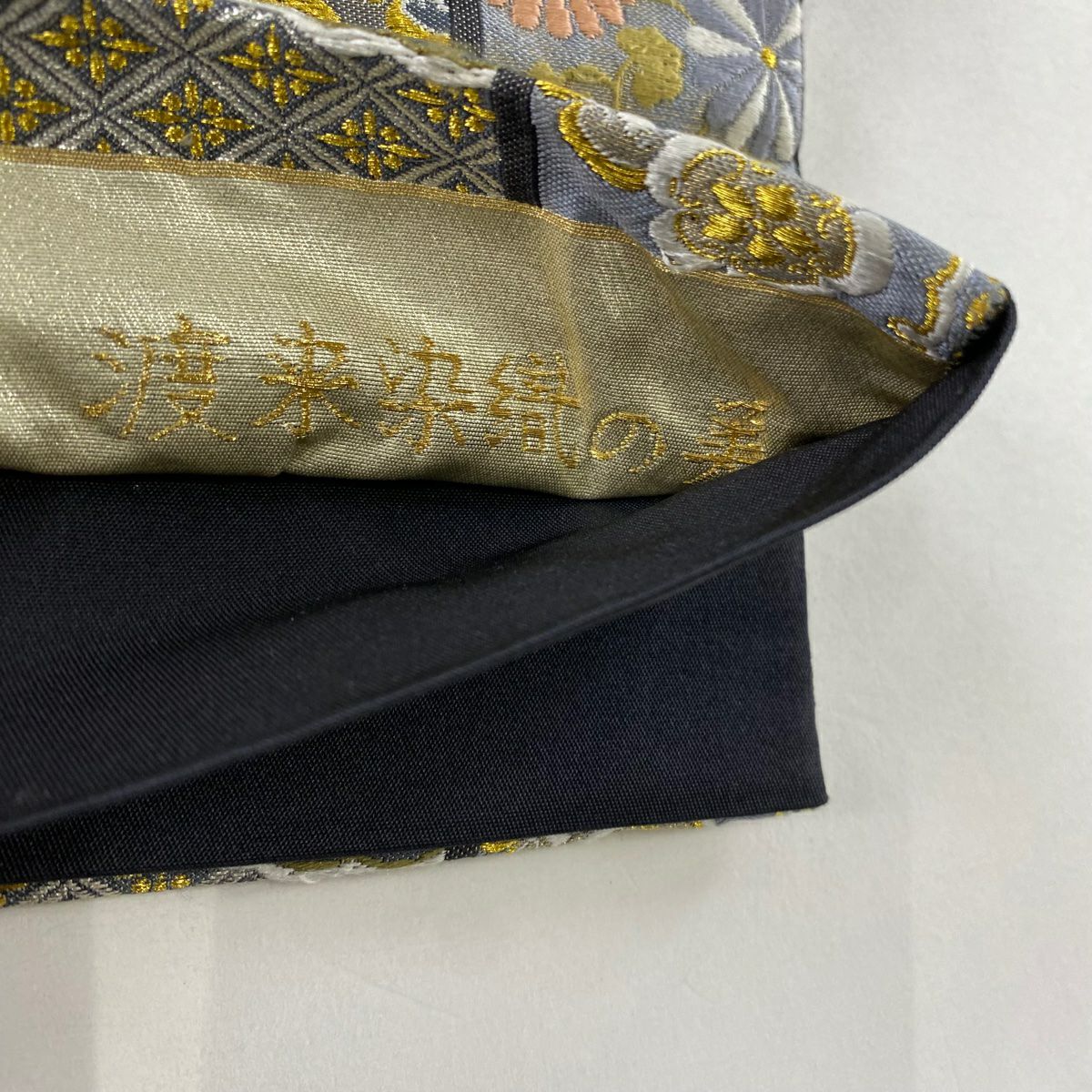 袋帶 秀品級 松樹竹子梅花 菱形 刺繡 金絲 灰色 六通 純蠶絲