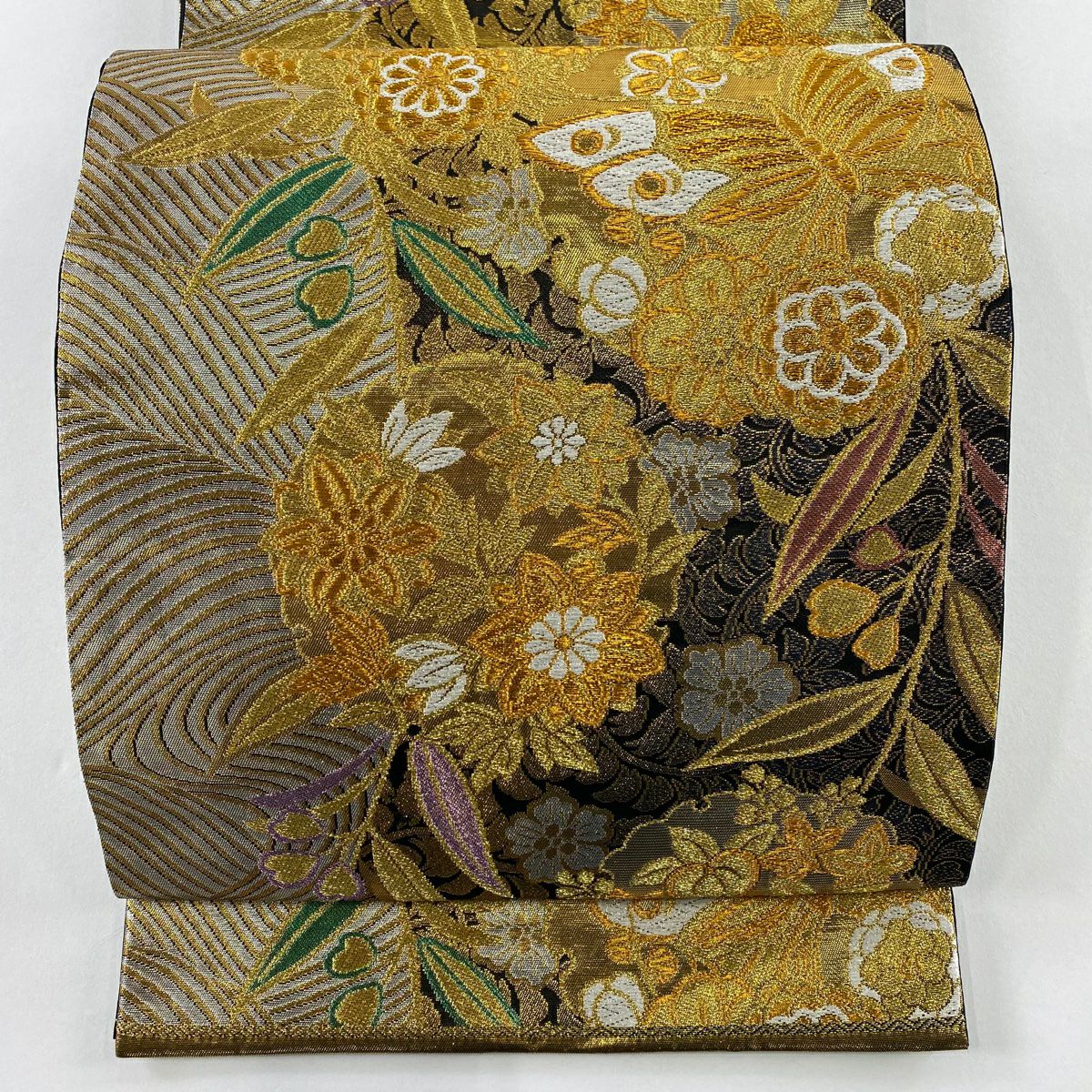 【美品】 袋帶 秀品級 花丸紋 蝴蝶 金絲 金金箔 黑 六通 純蠶絲
