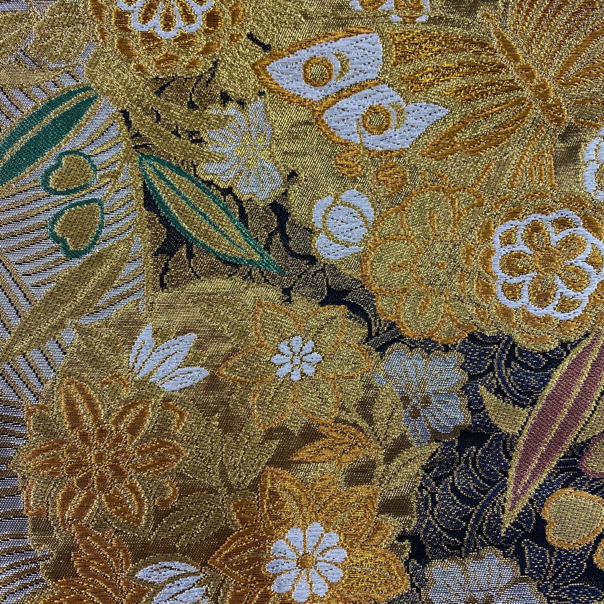 【美品】 袋帶 秀品級 花丸紋 蝴蝶 金絲 金金箔 黑 六通 純蠶絲