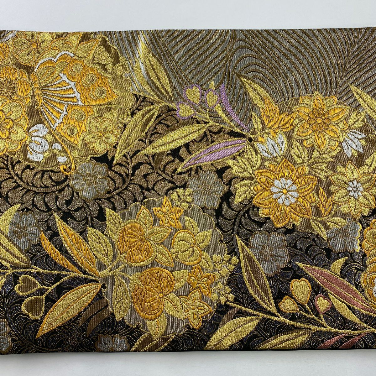 【美品】 袋帶 秀品級 花丸紋 蝴蝶 金絲 金金箔 黑 六通 純蠶絲