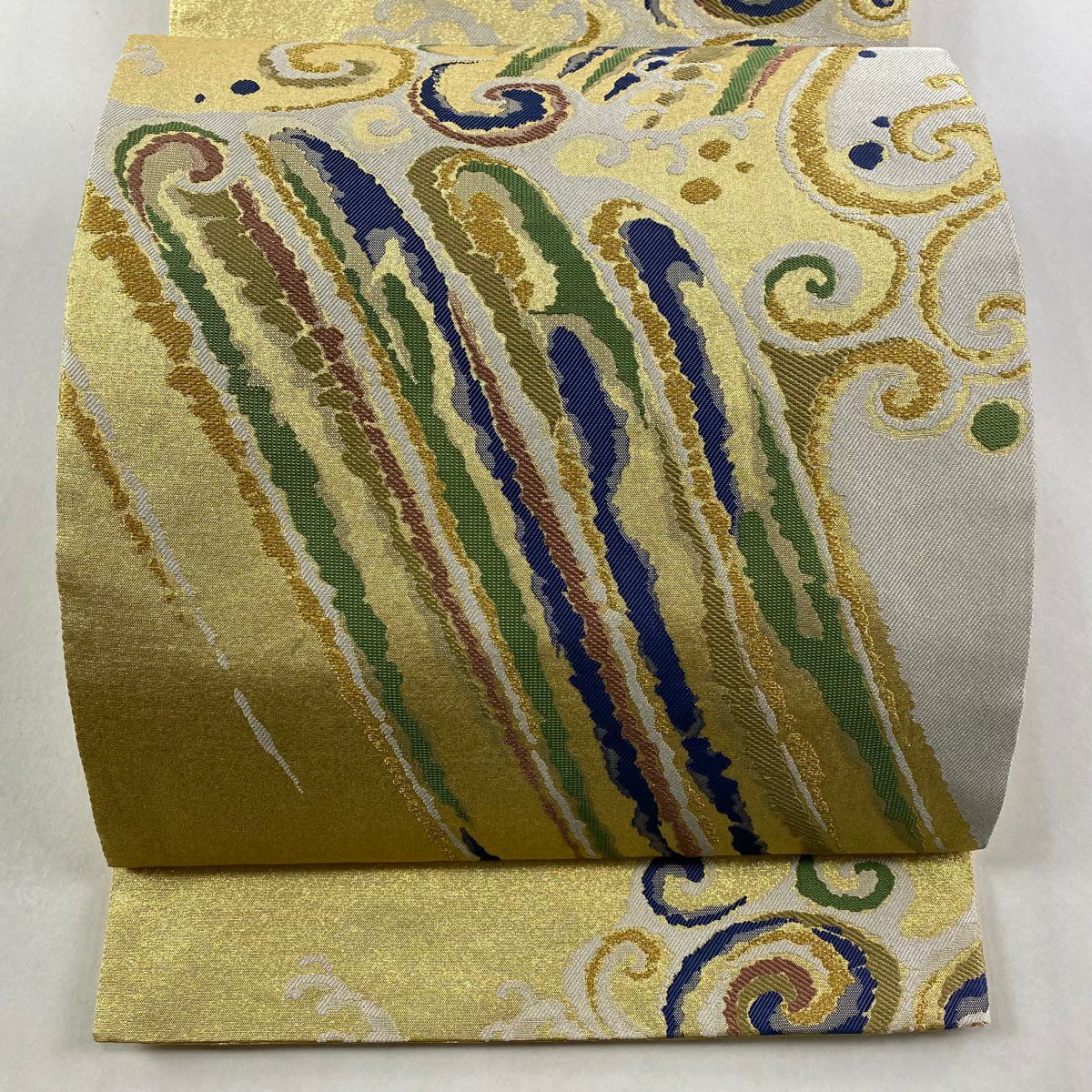 【美品】 袋帶 秀品級 波頭 幾何圖案 金絲 金 六通 純蠶絲