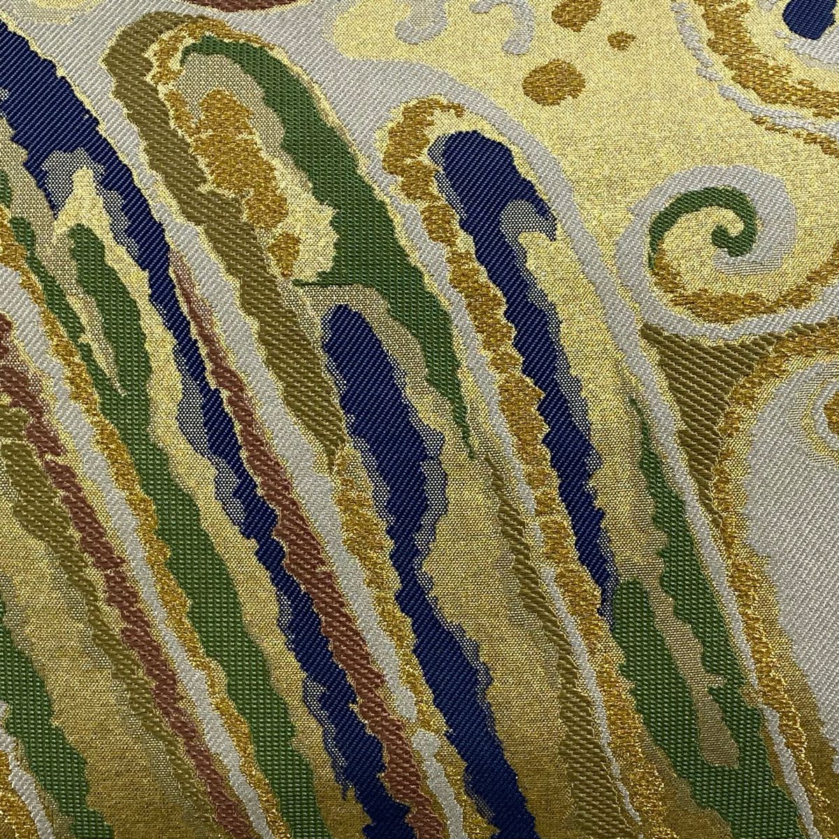 【美品】 袋帶 秀品級 波頭 幾何圖案 金絲 金 六通 純蠶絲