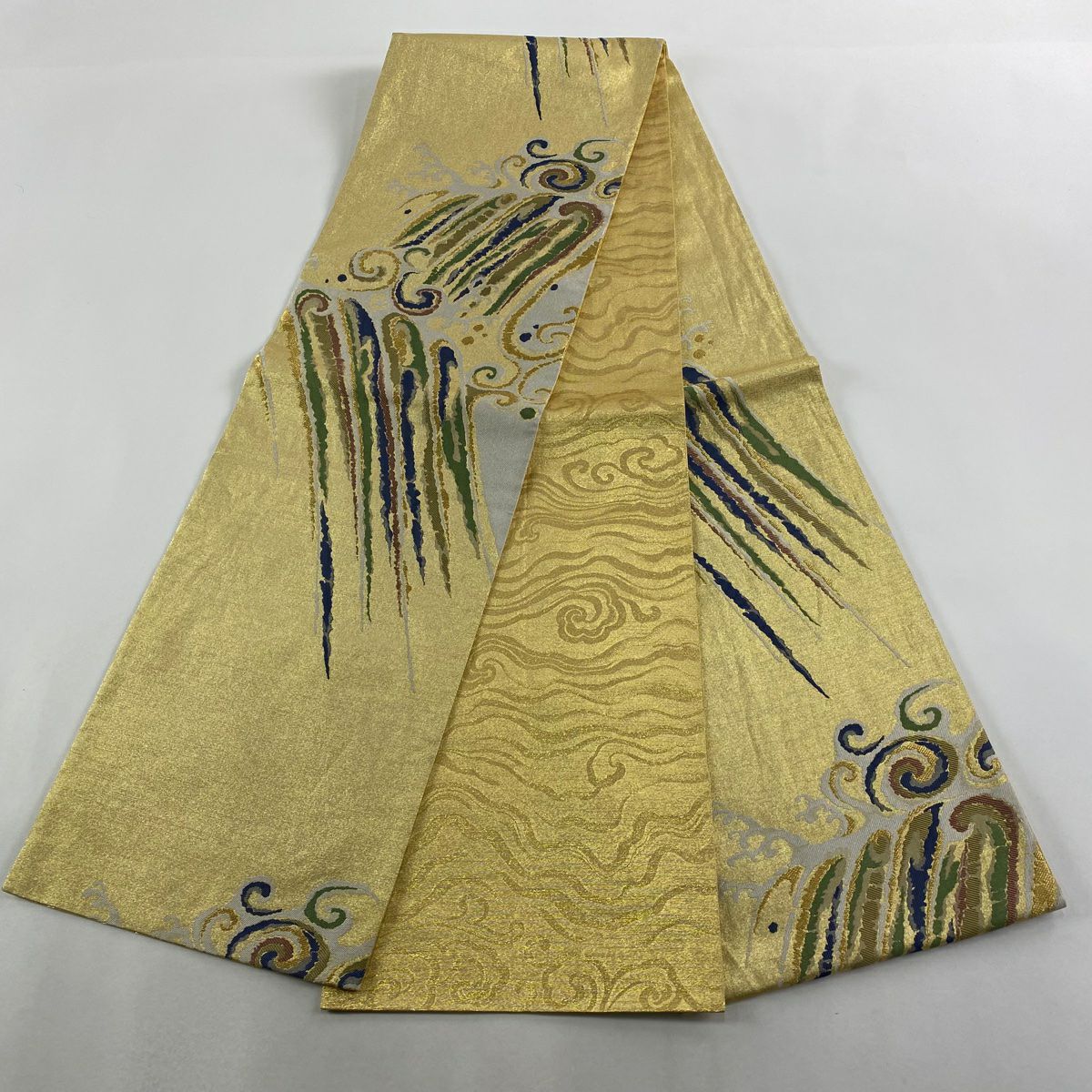 【美品】 袋帶 秀品級 波頭 幾何圖案 金絲 金 六通 純蠶絲
