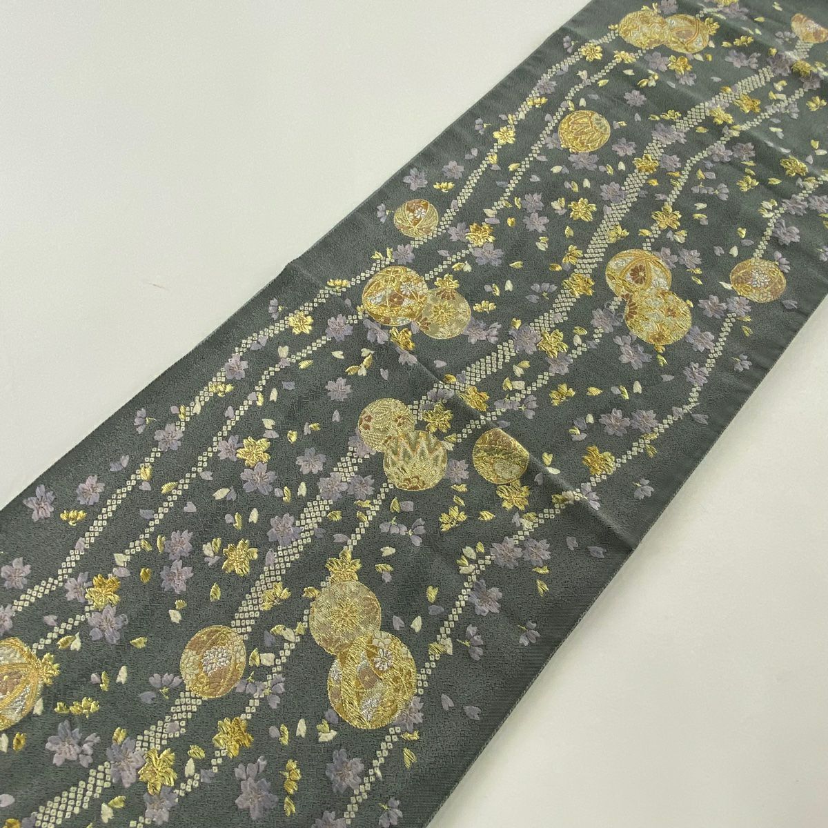 袋帶 秀品級櫻花球 金銀彩 灰色 六通 純蠶絲