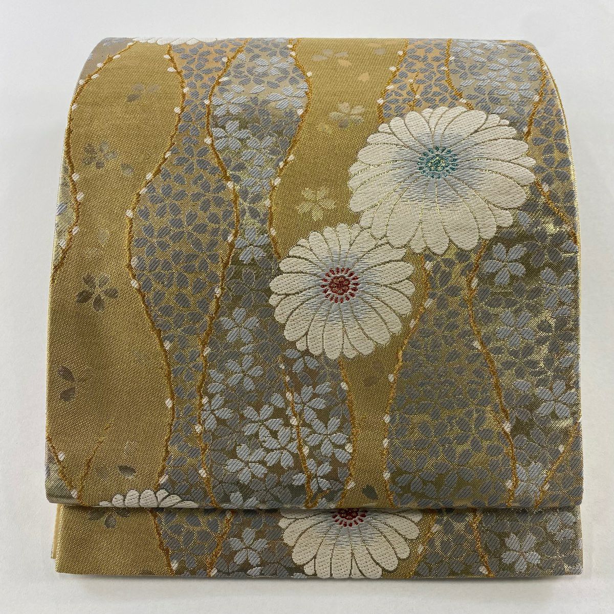 【美品】 袋帶 秀品級 花 立涌 金金箔 金絲 金色 六通 純蠶絲