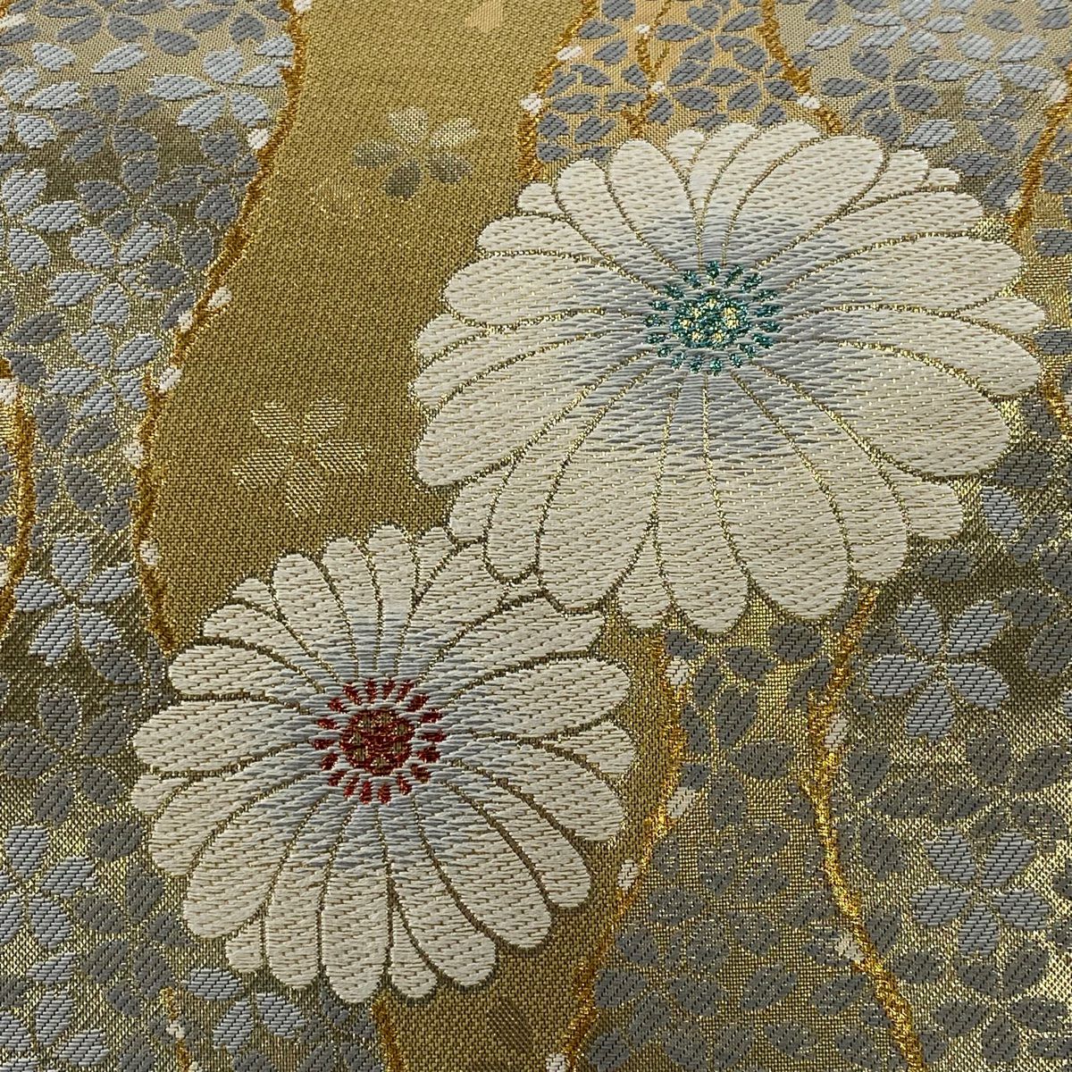 【美品】 袋帶 秀品級 花 立涌 金金箔 金絲 金色 六通 純蠶絲