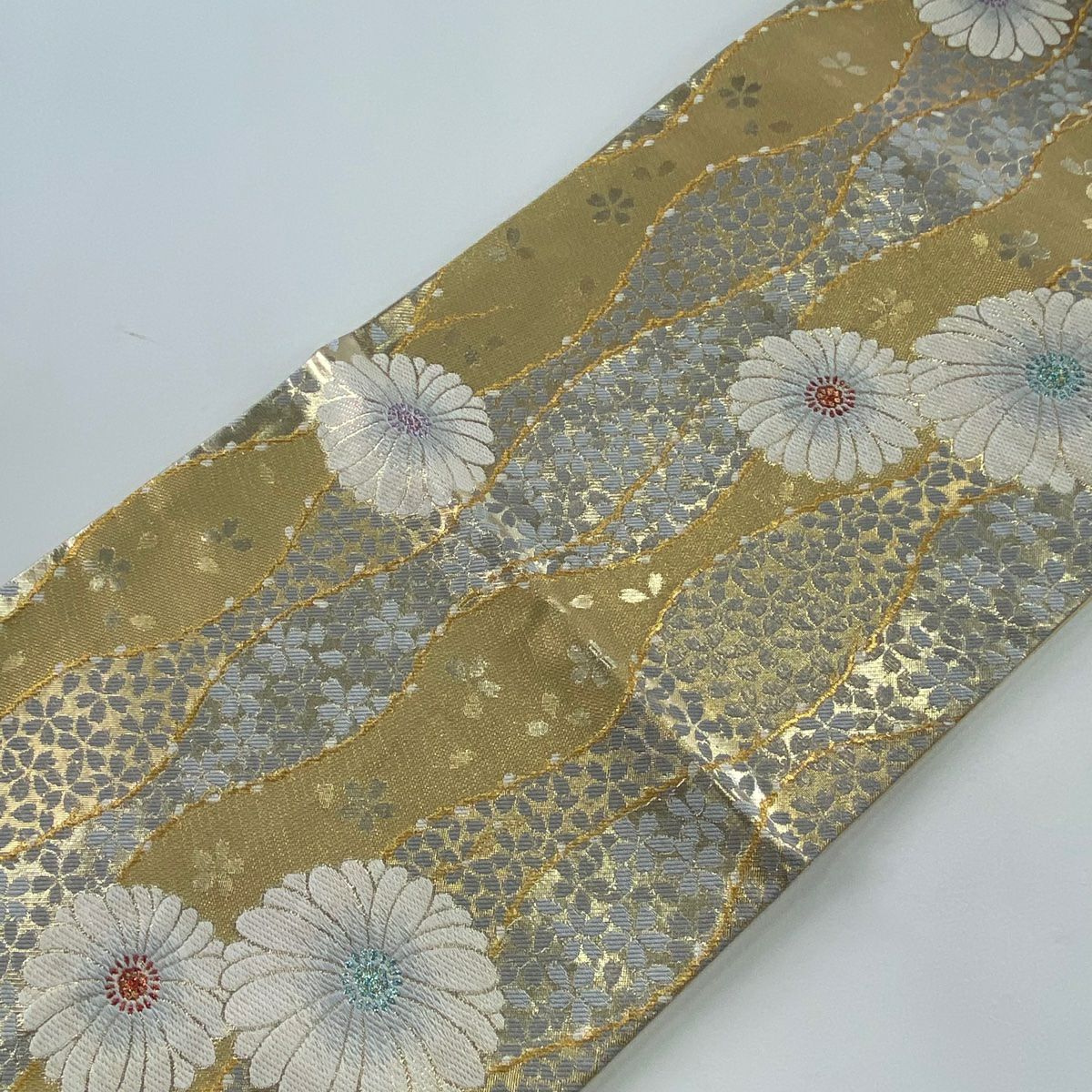 【美品】 袋帶 秀品級 花 立涌 金金箔 金絲 金色 六通 純蠶絲