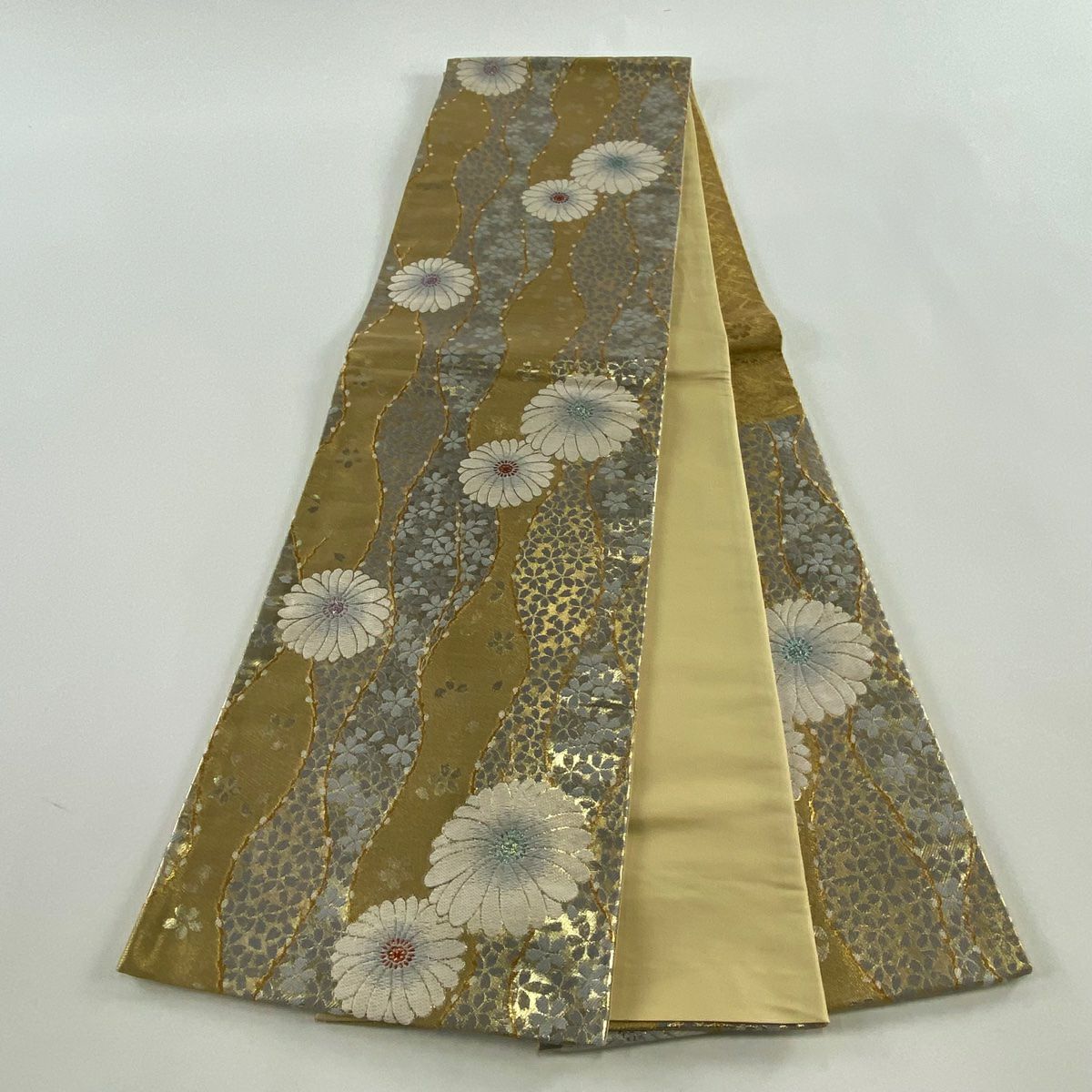 【美品】 袋帶 秀品級 花 立涌 金金箔 金絲 金色 六通 純蠶絲