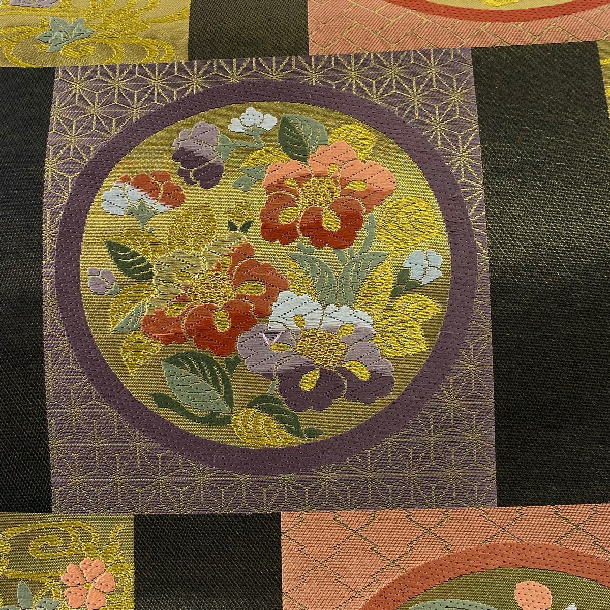 袋帶 秀品級 舞仙鶴 落款あり 關西仕立 能衣桃山花丸文 金糸 金金箔 黑 六通 純蠶絲
