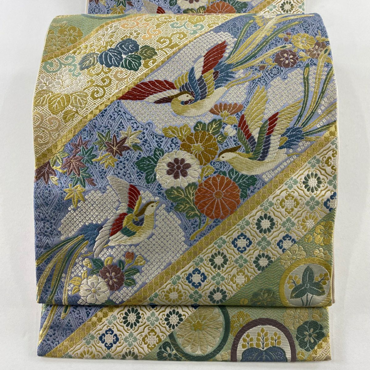 【美品】 袋帶 秀品級 鳥 草花紋 金金箔 淺綠 六通 純蠶絲