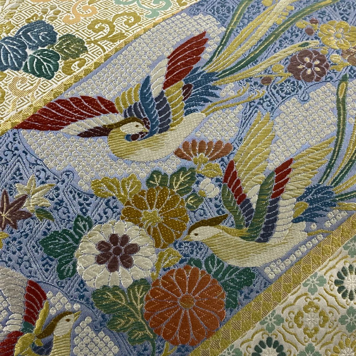 【美品】 袋帶 秀品級 鳥 草花紋 金金箔 淺綠 六通 純蠶絲