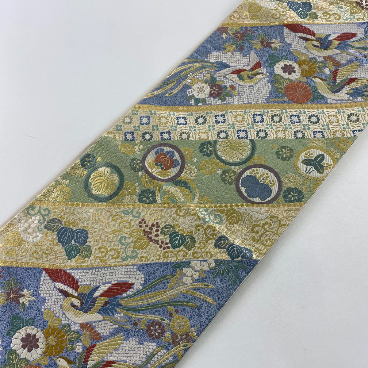 【美品】 袋帶 秀品級 鳥 草花紋 金金箔 淺綠 六通 純蠶絲