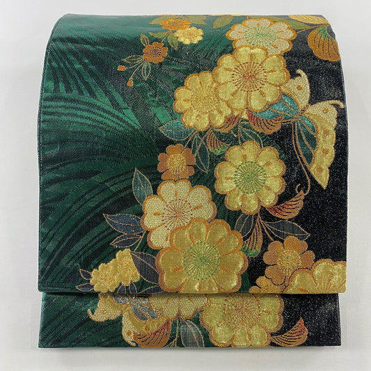 【美品】 袋帶 優品級 振袖禮服禮服用 草花紋紋 蝶 金金箔 金絲 綠 六通 純蠶絲