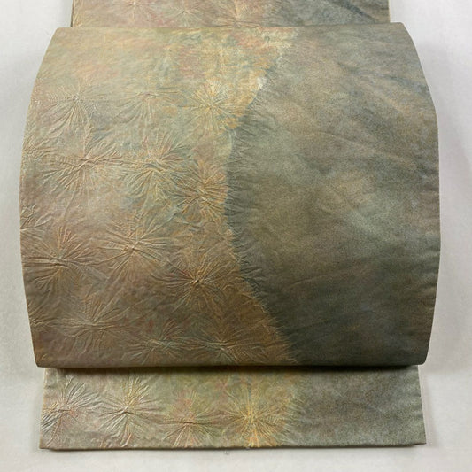 袋帶 秀品級 幾何學 金銀彩 粉米色 全通 純蠶絲
