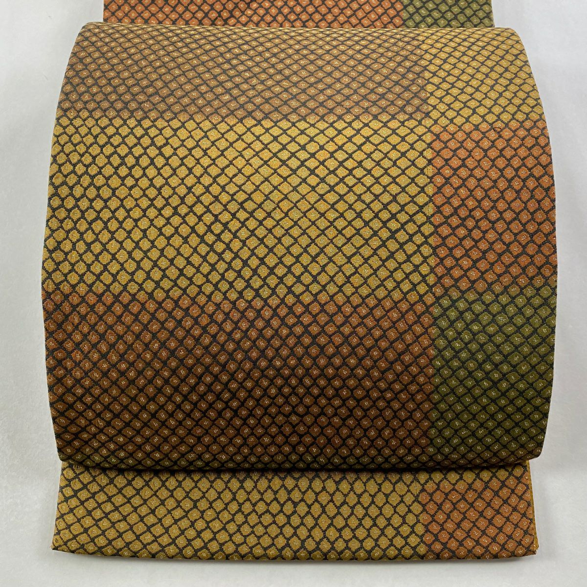 【美品】 袋帶 秀品級 幾何學 變化市松樹 茶 全通 純蠶絲