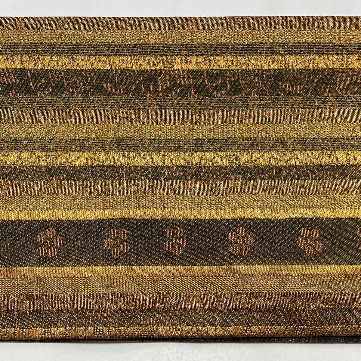 【美品】 袋帶 秀品級 條紋 梅花花 金絲 茶 全通 純蠶絲