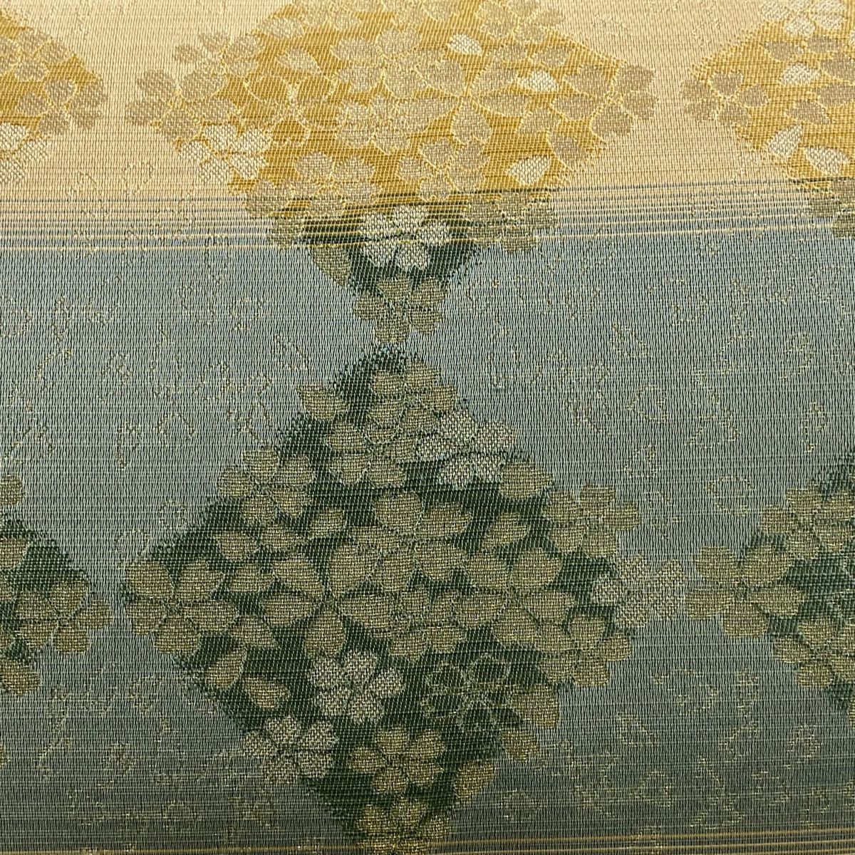 【美品】 袋帶 秀品級 段紋 櫻花 金絲 淺綠 六通 純蠶絲