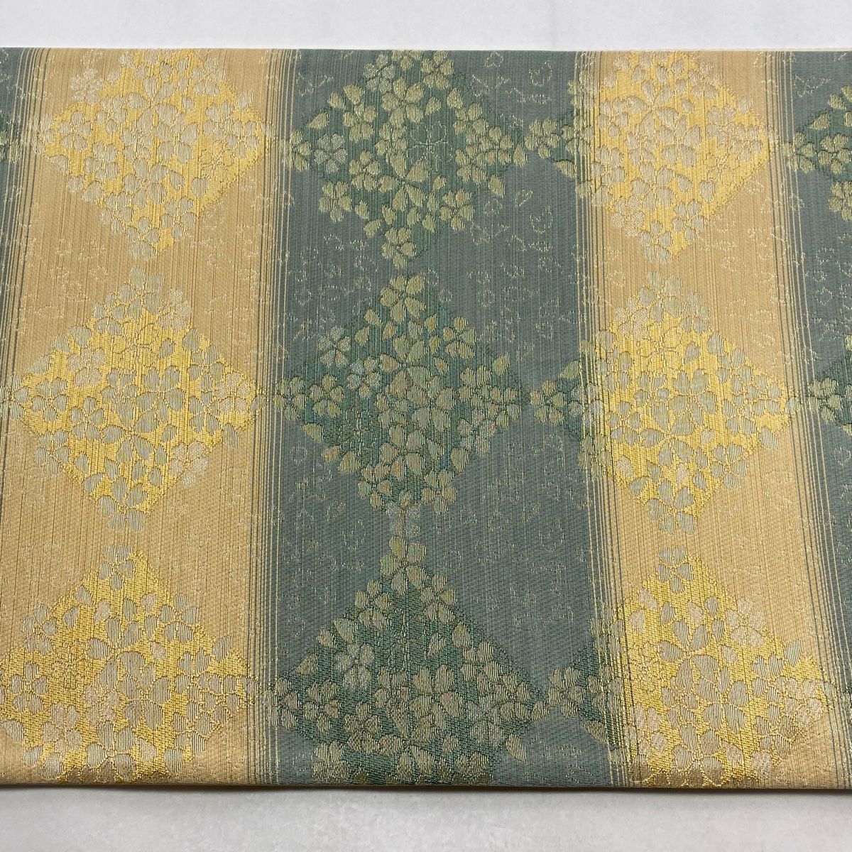 【美品】 袋帶 秀品級 段紋 櫻花 金絲 淺綠 六通 純蠶絲