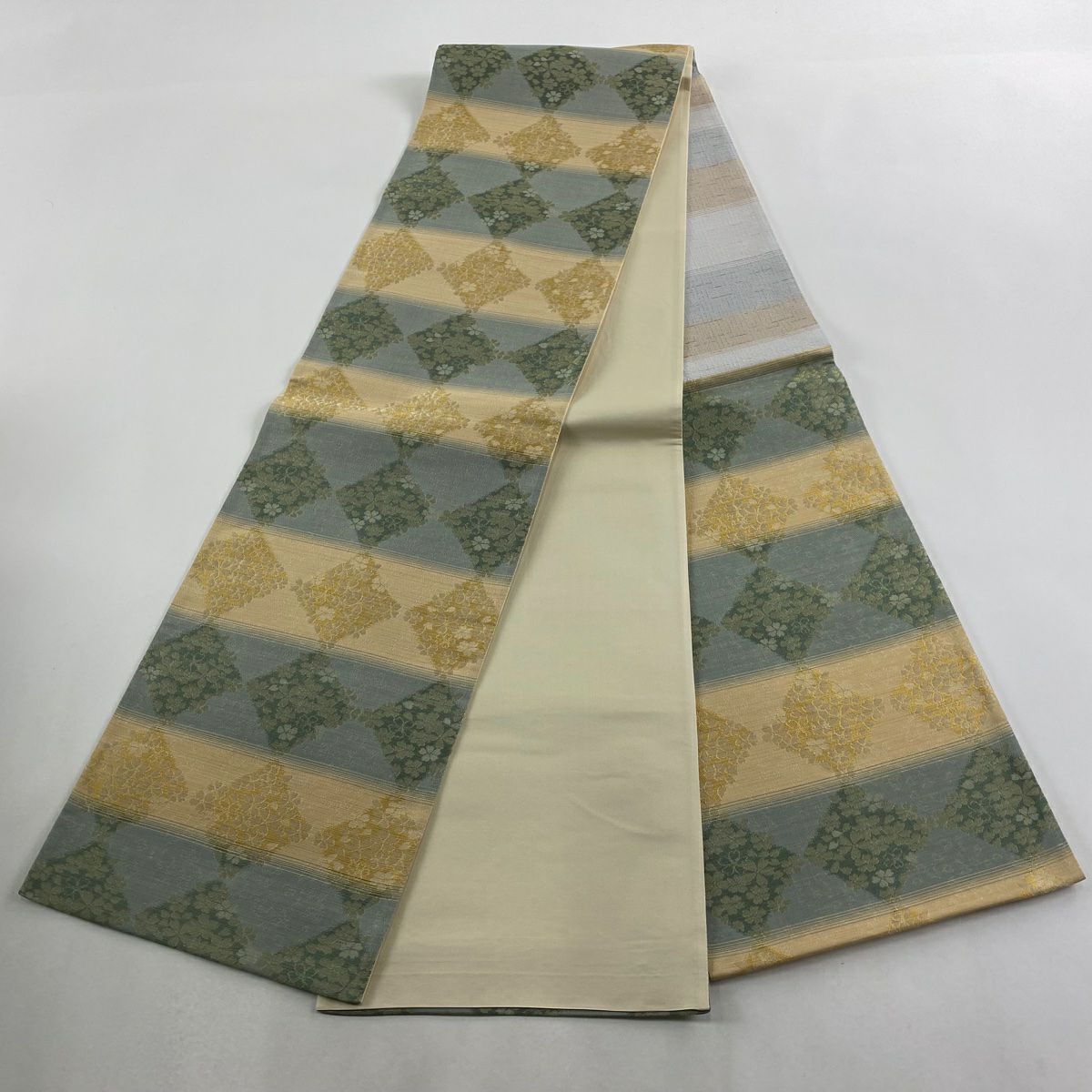 【美品】 袋帶 秀品級 段紋 櫻花 金絲 淺綠 六通 純蠶絲