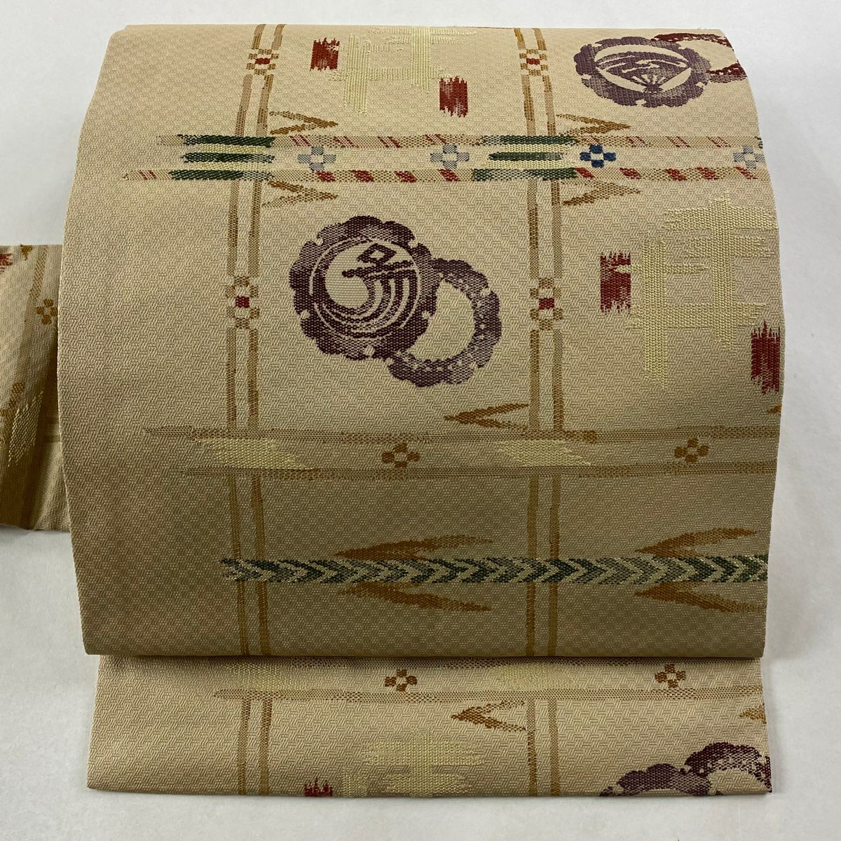 【美品】 名古屋帶 秀品級 井桁 真帆紋 米色 純蠶絲