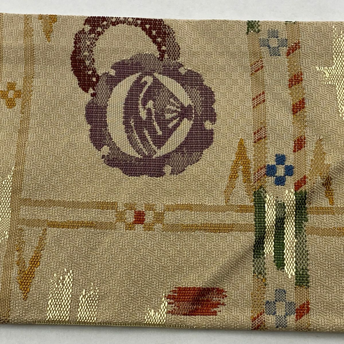 【美品】 名古屋帶 秀品級 井桁 真帆紋 米色 純蠶絲