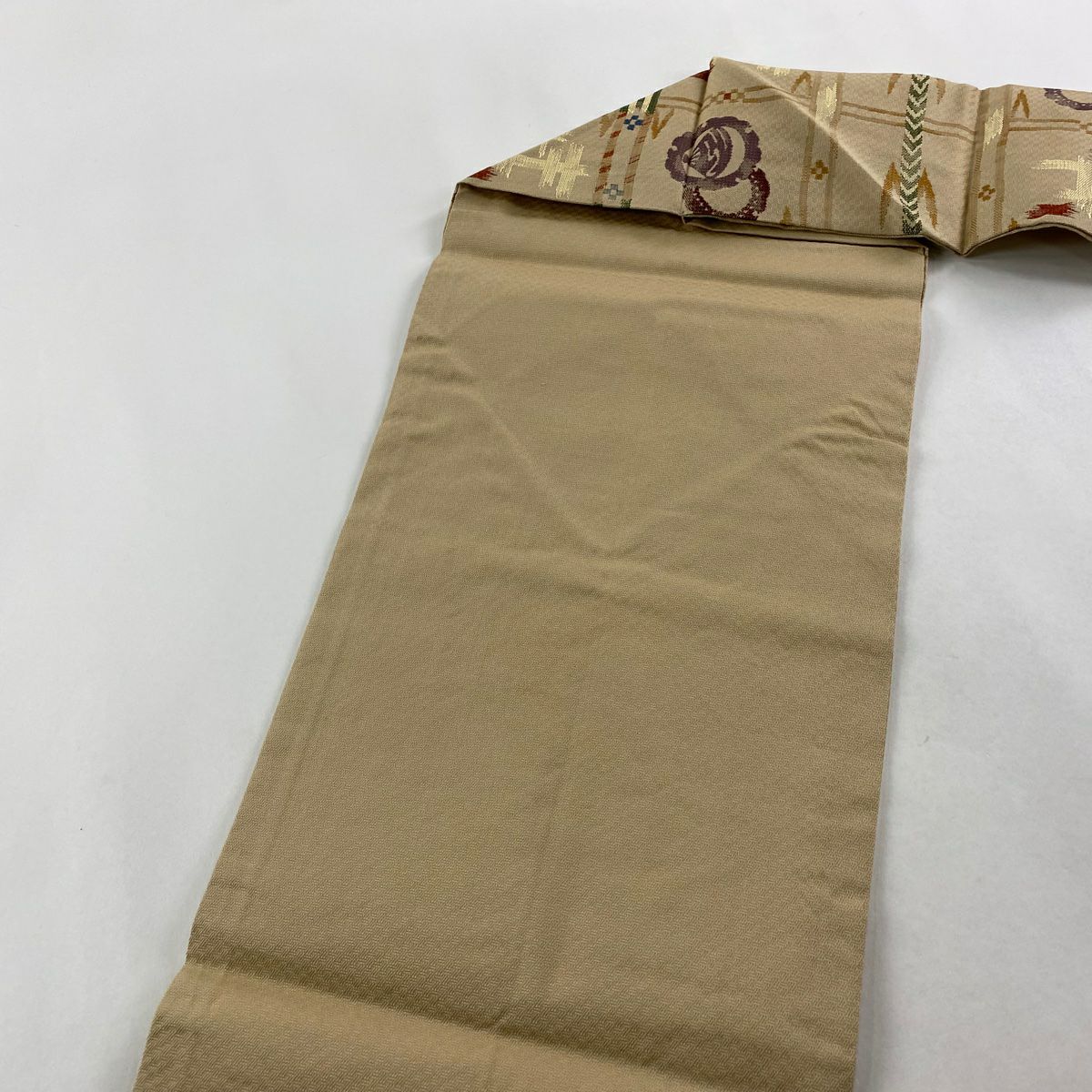 【美品】 名古屋帶 秀品級 井桁 真帆紋 米色 純蠶絲