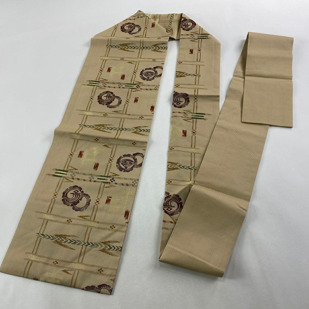 【美品】 名古屋帶 秀品級 井桁 真帆紋 米色 純蠶絲