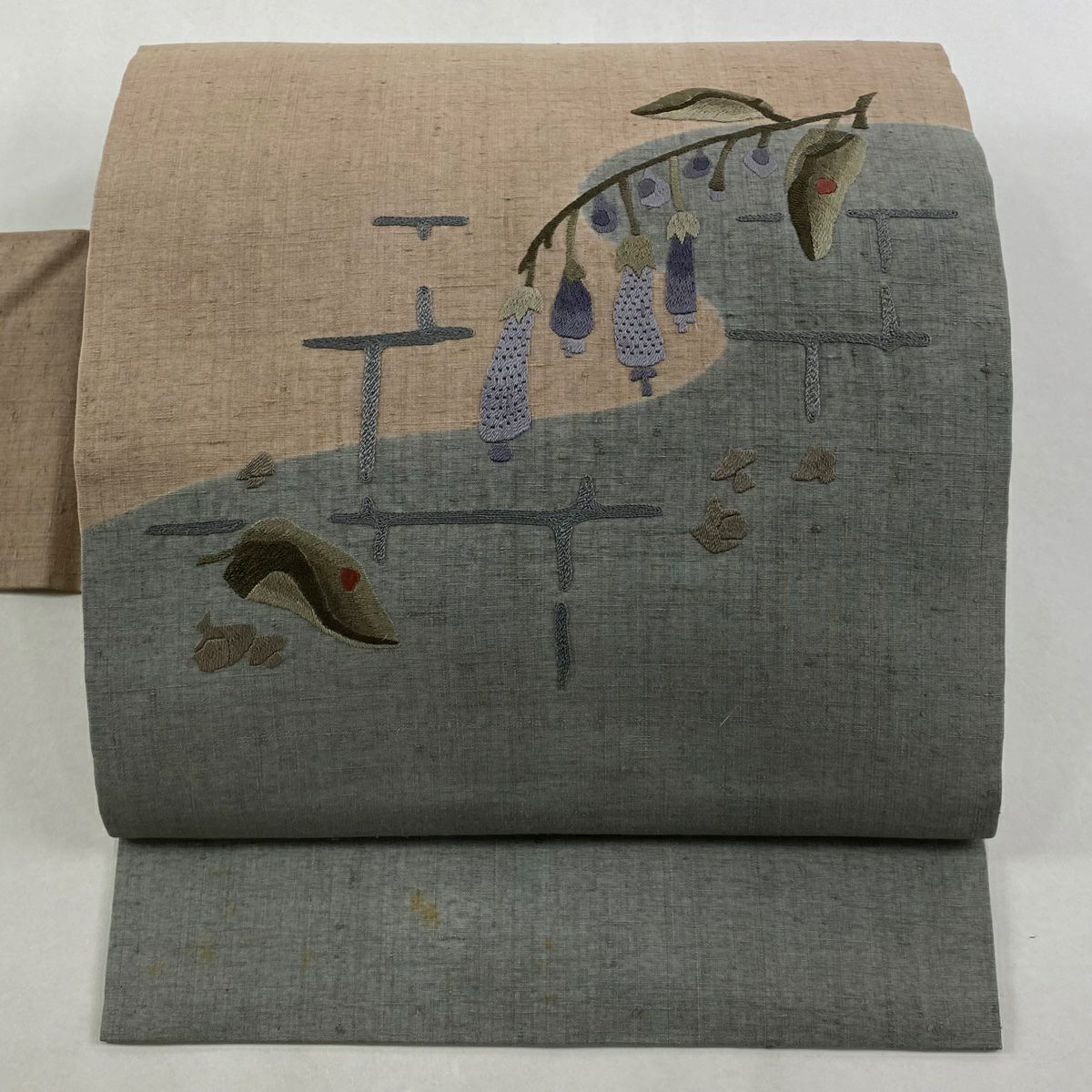 名古屋帶 秀品級 紬織織 生物 霞 刺繡 灰綠 純蠶絲