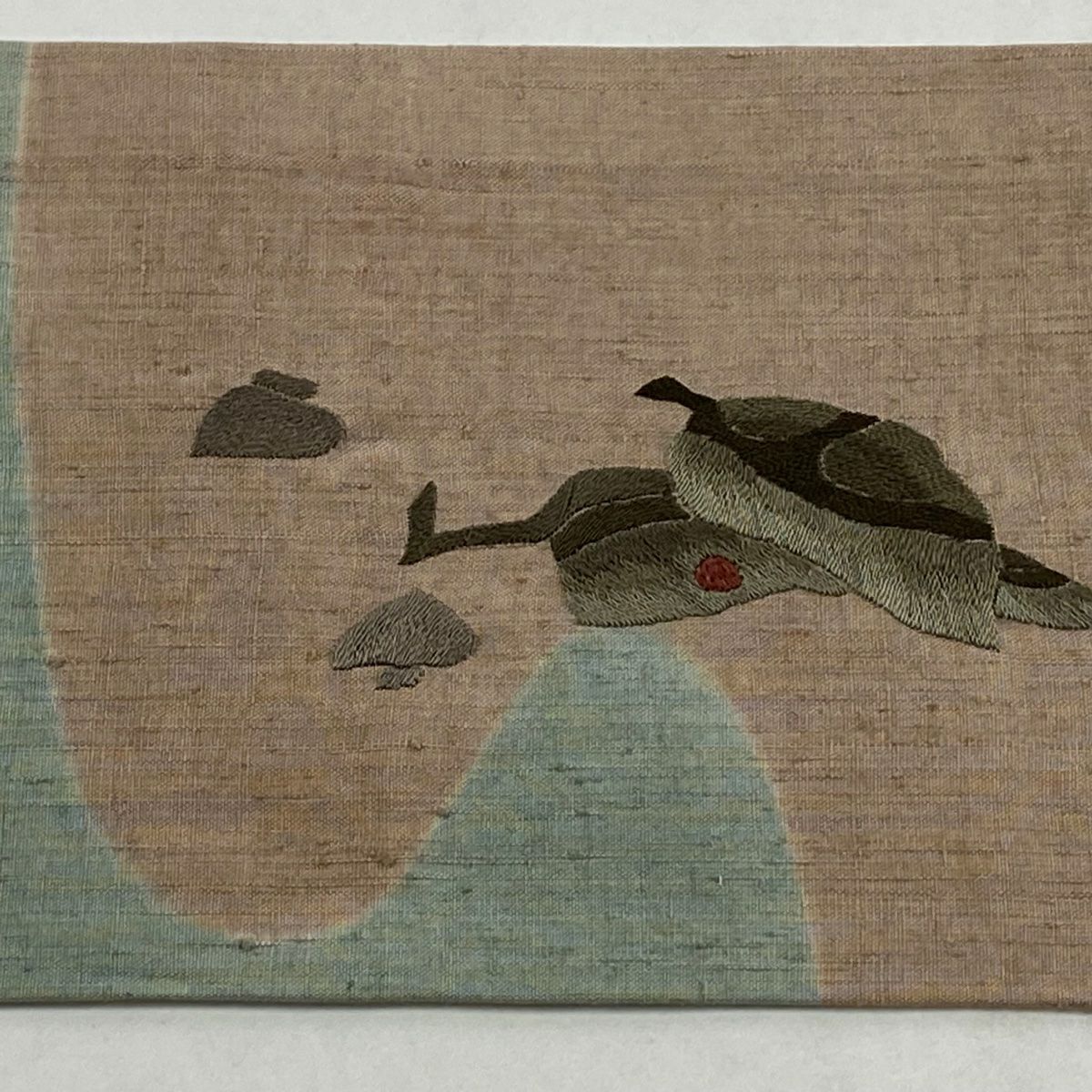 名古屋帶 秀品級 紬織織 生物 霞 刺繡 灰綠 純蠶絲