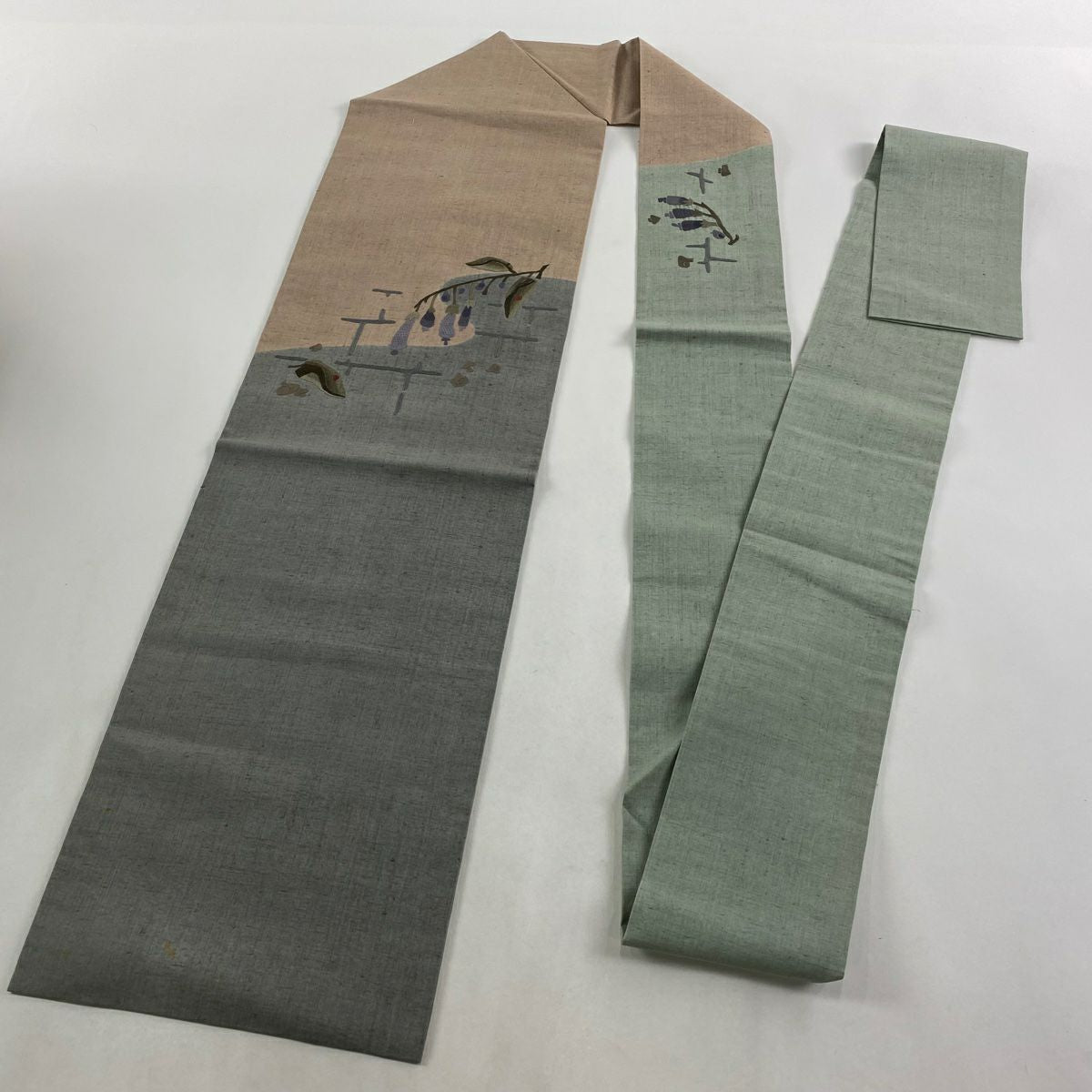 名古屋帶 秀品級 紬織織 生物 霞 刺繡 灰綠 純蠶絲