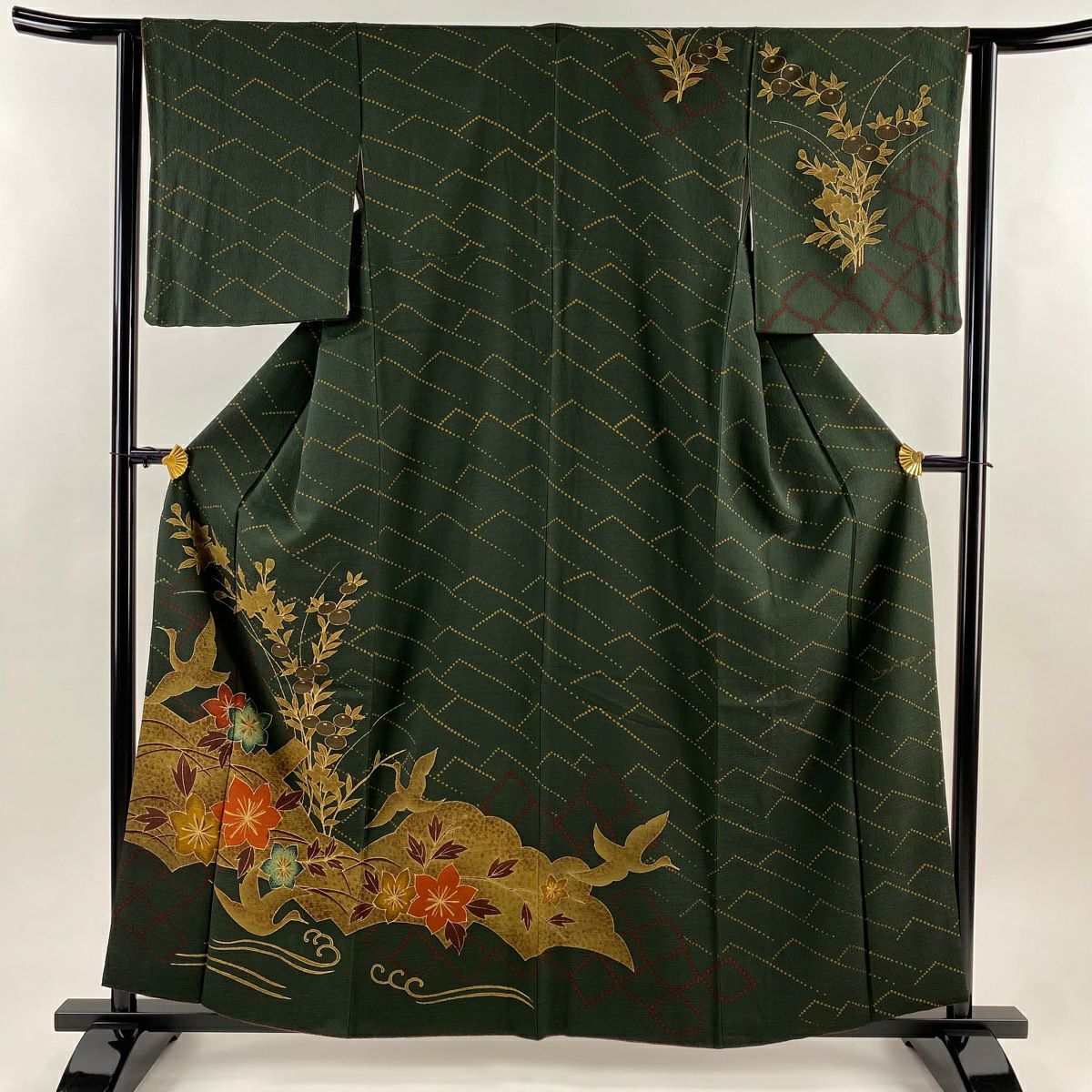 訪問服 身長160cm 袖長63.5cm S 雙層 秋草 鳥 金銀彩 深綠 純蠶絲 名品級