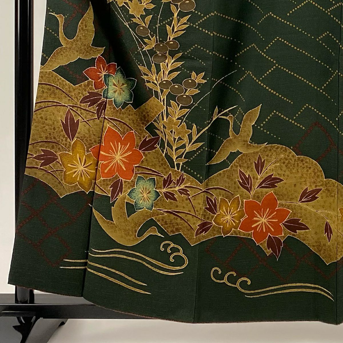 訪問服 身長160cm 袖長63.5cm S 雙層 秋草 鳥 金銀彩 深綠 純蠶絲 名品級