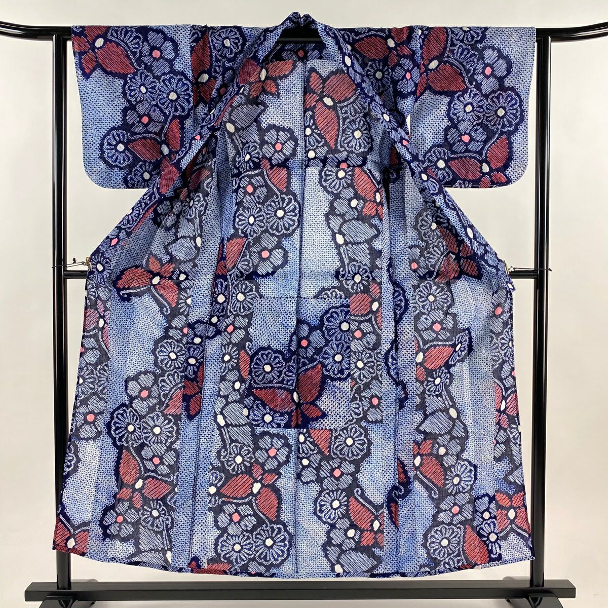 浴衣 身長154cm 袖長62.5cm S 絞染浴衣 菊花 蝶 深藍 純棉 名品級