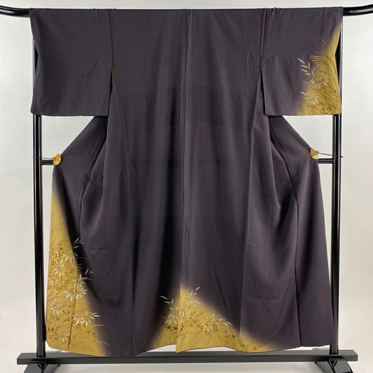 付下 身長154.5cm 袖長67cm M 雙層 笹 秋草 金絲 金銀彩 茶紫 純蠶絲 名品級