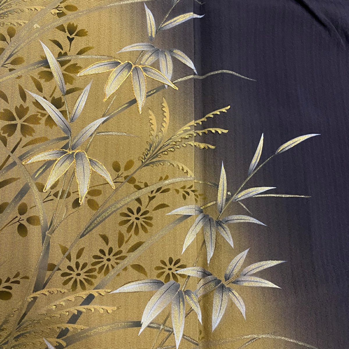 付下 身長154.5cm 袖長67cm M 雙層 笹 秋草 金絲 金銀彩 茶紫 純蠶絲 名品級