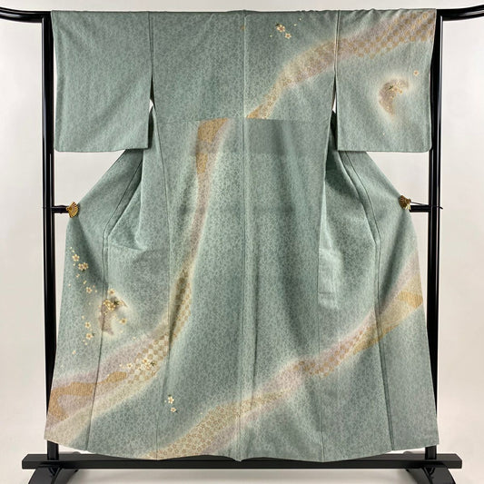 訪問服 身長156cm 袖長64cm M 雙層 櫻花 市松樹 金絲 金銀彩 淺綠 純蠶絲 名品級 一つ紋