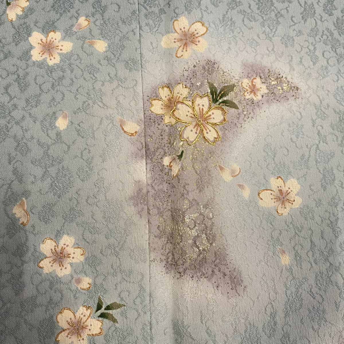 訪問服 身長156cm 袖長64cm M 雙層 櫻花 市松樹 金絲 金銀彩 淺綠 純蠶絲 名品級 一つ紋