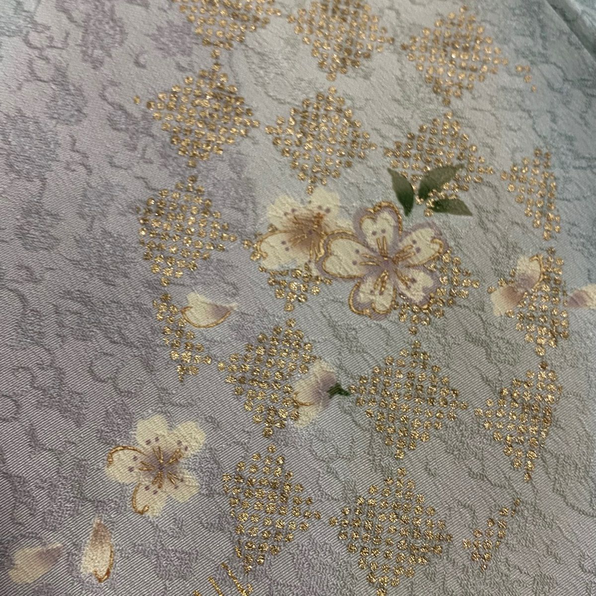 訪問服 身長156cm 袖長64cm M 雙層 櫻花 市松樹 金絲 金銀彩 淺綠 純蠶絲 名品級 一つ紋