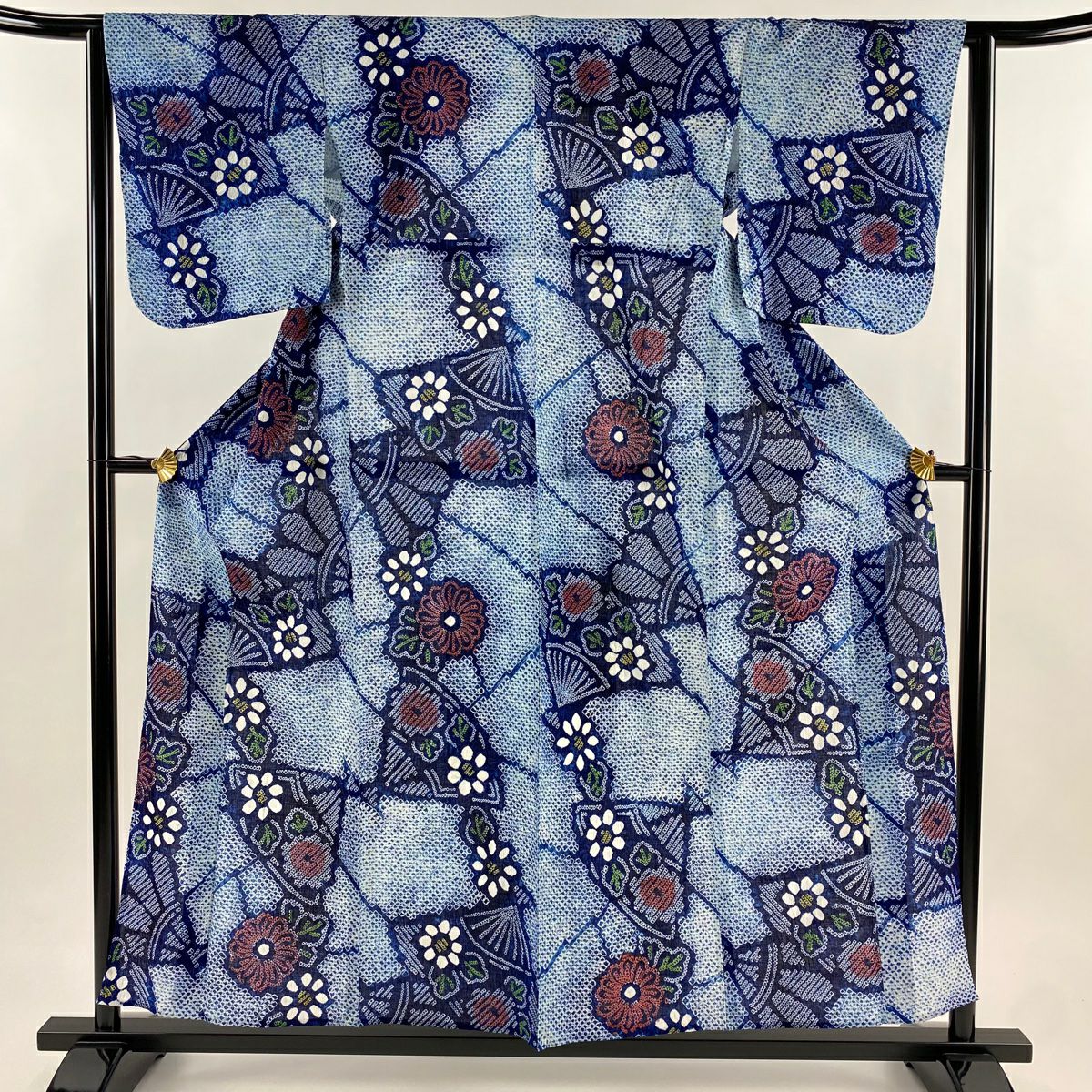 【美品】 浴衣 身長156.5cm 袖長63cm S 絞染浴衣 菊花 扇子 青 純棉 名品級