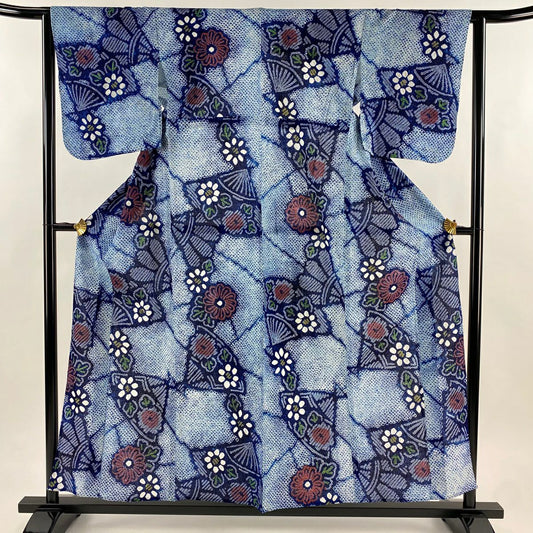 【美品】 浴衣 身長156.5cm 袖長63cm S 絞染浴衣 菊花 扇子 青 純棉 名品級