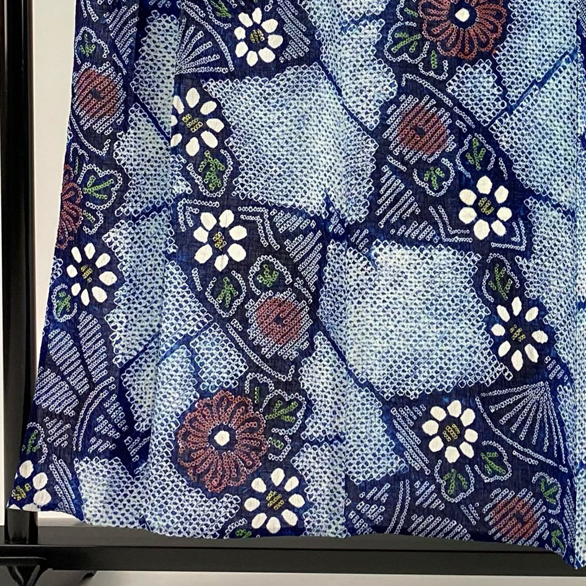 【美品】 浴衣 身長156.5cm 袖長63cm S 絞染浴衣 菊花 扇子 青 純棉 名品級