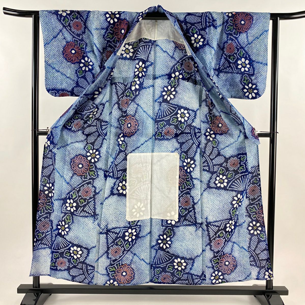 【美品】 浴衣 身長156.5cm 袖長63cm S 絞染浴衣 菊花 扇子 青 純棉 名品級